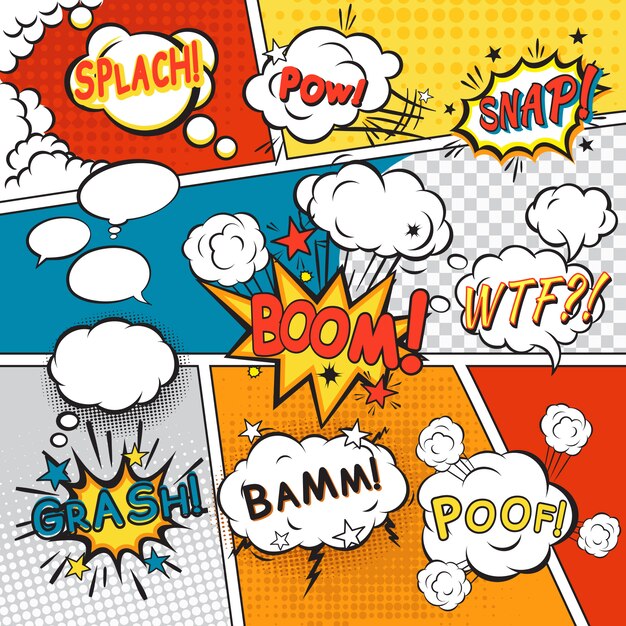 Comic speech bubbles in pop art style with splach powl snap boom poof text set vector illustration