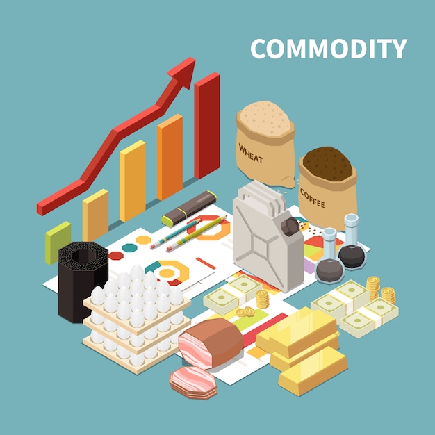 Free Vector commodity isometric composition with images of manufactured goods and infographic objects graphs and arrows with text