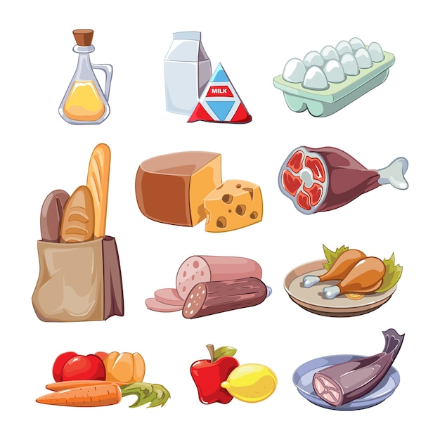 Common everyday food products. Cartoon clipart set provision, cheese and fish, sausagesand milk