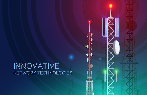 Free vector communication towers background with editable text and view of cellular towers with spreading radio wave signal vector illustration