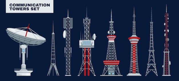 Free Vector communication towers set with text and isolated images of telecom towers with different design and antennas vector illustration