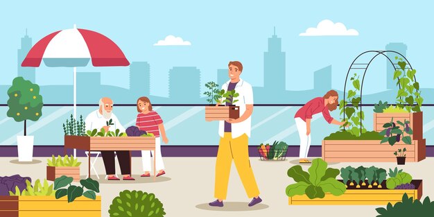 Free Vector community garden in city flat background with people decorating street cafe with plants and flowers vector illustration