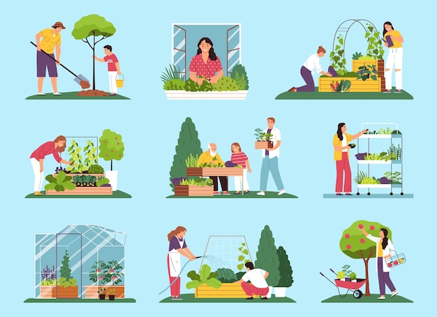 Free vector community garden flat color set of people engaged in landscaping of city park street cafe recreation area isolated vector illustration