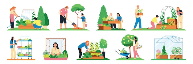 Free Vector community garden flat set of people decorating city parks and houses with plants and flowers isolated vector illustration