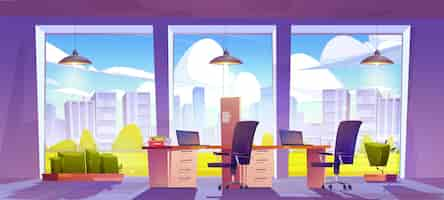 Free vector company office interior with large windows and furniture vector cartoon illustration of room with laptops and folders on desks chairs lamps cityscape buildings green lawn view business workspace