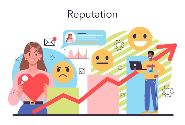 Company reputation concept Building relationship with people and improving customer loyalty Idea of PR and reputation management Flat vector illustration