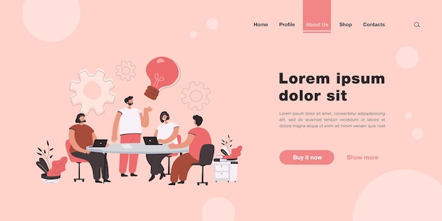 Free Vector company team brainstorming at meeting landing page in flat style