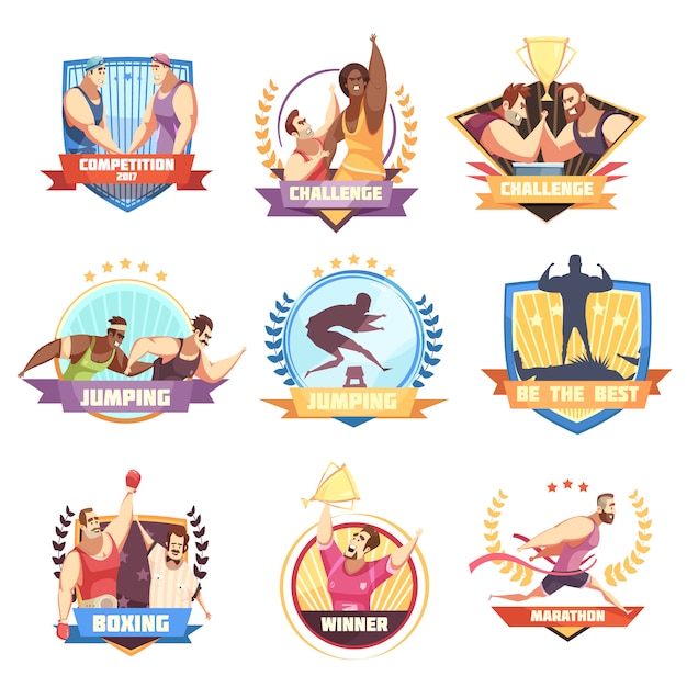 Free Vector competition label set of nine flat isolated sports challenge emblems with human athlete characters and signs