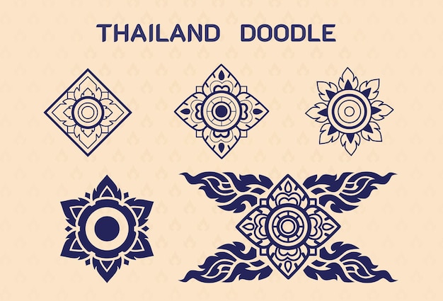 Complementary line thai art illustration Thai doodle design elements icon for design of luxury products Isolated on black background