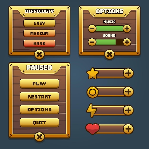 Complete set of Menu button game pop-up, icon, window and elements