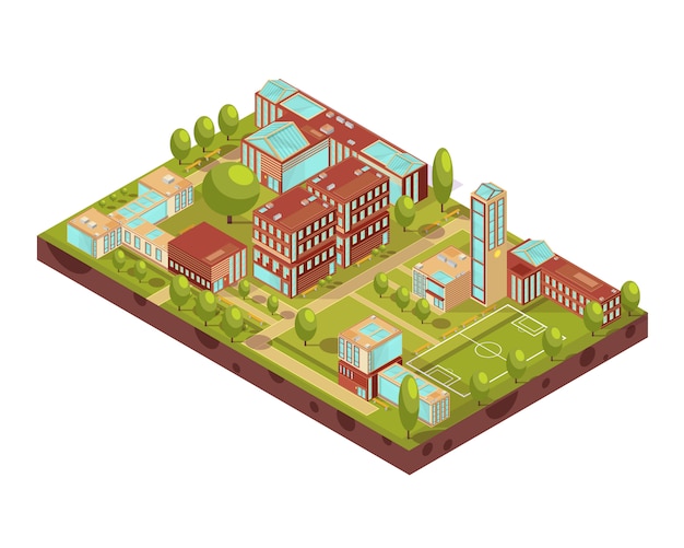 Free Vector complex of modern university buildings isometric layout with football field green trees walkways and benches vector illustration