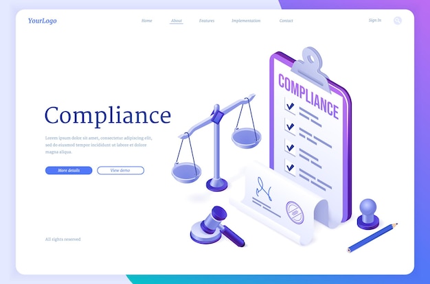 Free vector compliance isometric landing page, concept of business policy documents for law legal regulation quality and procedures with document scales, gavel, seal stamp and pencil, 3d vector web banner