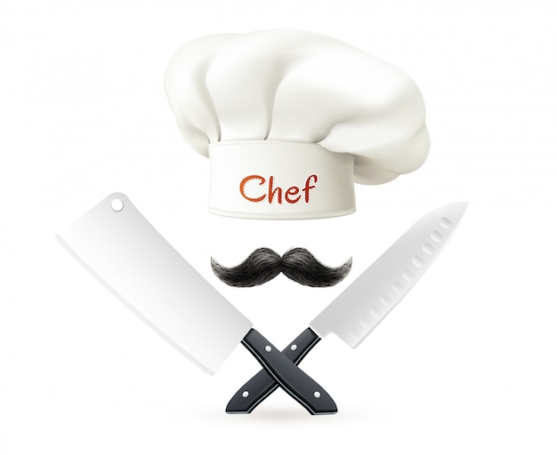 Free vector composition from hat of chef with red lettering mustache and crossed knives on white background vector illustration