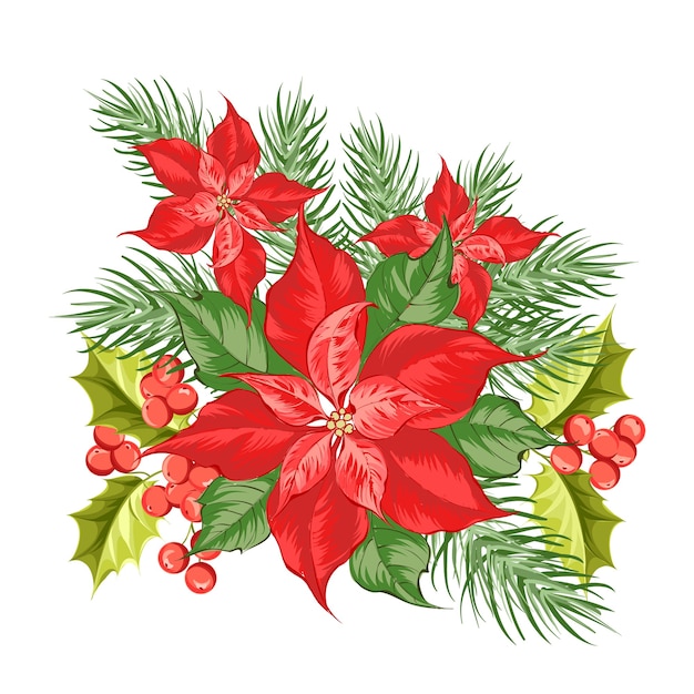 Free vector composition of red poinsettia flower isolated over white background.