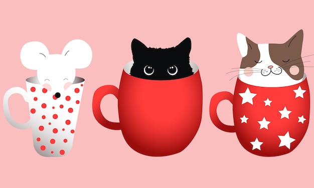 Free Vector composition of three cups with cats and a mice inside.