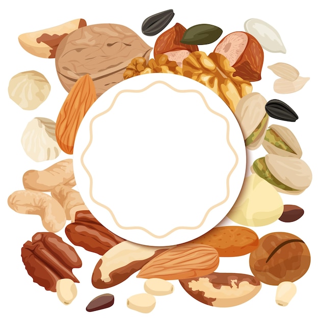 Free Vector composition with empty ornate circle frame surrounded by nuts and seeds flat set of bean icons vector illustration