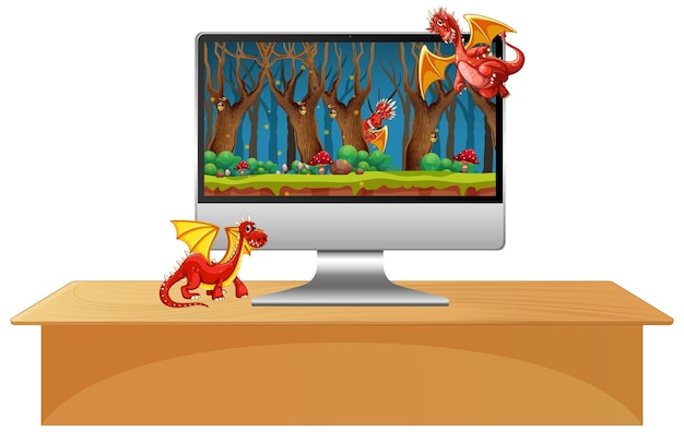 Computer monitor on the table with dragon cartoon character on screen