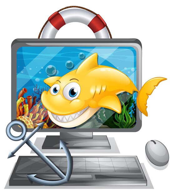 Computer screen with yellow shark