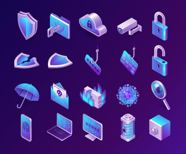 Computer security isometric icons set