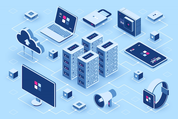 Free vector computer technology isometric icon, server room, digital device set, element for design, pc laptop