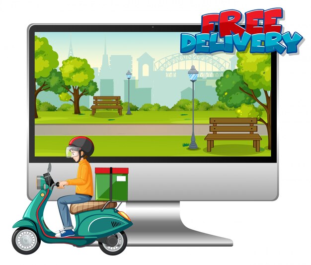 Computer with bike man or courier and free delivery logo