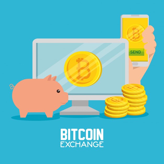 Computer with smartphone exchange bitcoin currency and pig