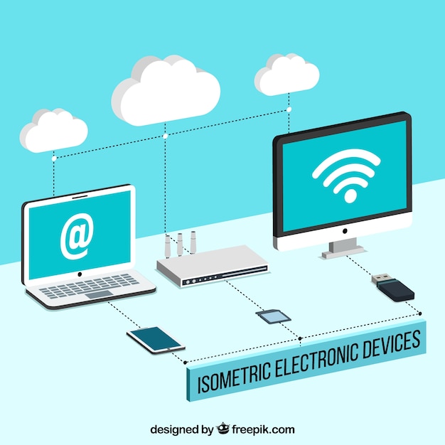 Free Vector computers and other devices with wifi in isometric style