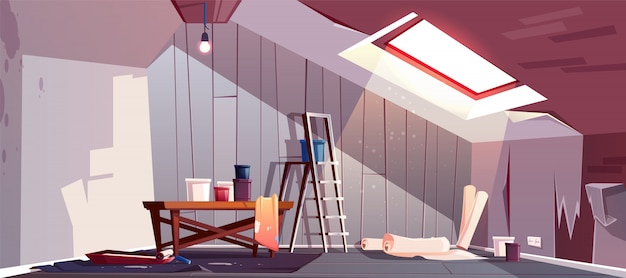 concept of attic repair. Renovation of wooden room under a roof. 