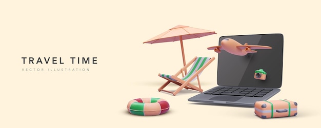 Concept banner for tourism agency in realistic style with laptop airplane suitcase umbrella beach chair and camera Vector illustration