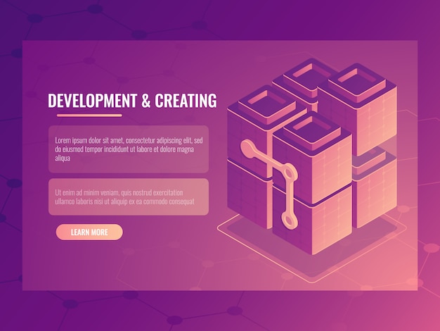 The concept of development and creating, blocks constructor, digital technology server room