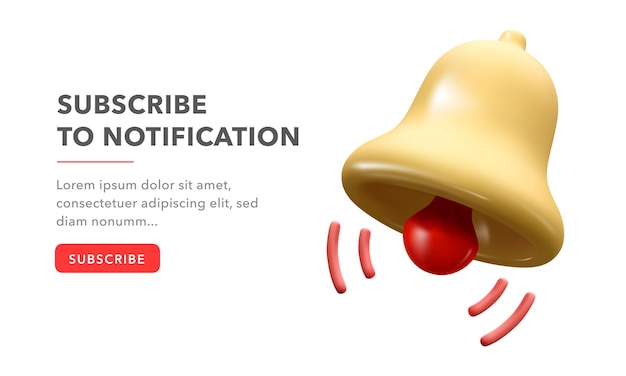 Free Vector concept form for subscribe. 3d yellow ringing bell with new notification for social media reminder. 