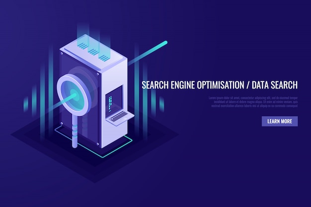 Free Vector concept of search engine optimisation and data search. magnifying glass with server rack