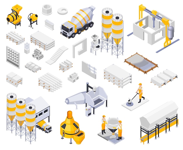 Free vector concrete cement production isometric icons collection with isolated images of goods industrial facilities characters of workers vector illustration