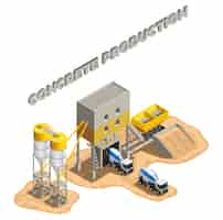 Free vector concrete production isometric composition with editable text and factory buildings cement mixing plant facilities with conveyors