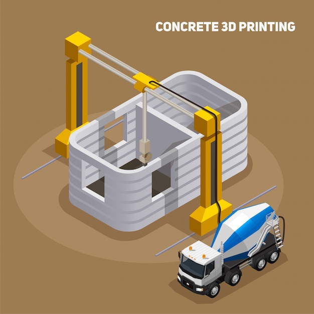 Concrete production isometric composition with view of 3d printed building under construction with cement mixing truck