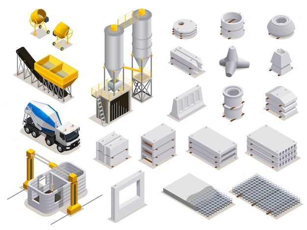 Free vector concrete production set of isometric icons with manufacturing equipment transport and finished stone details isolated