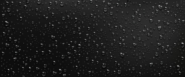 Condensation water drops on black window background. Rain droplets with light reflection on dark glass surface. Realistic 3d vector illustration