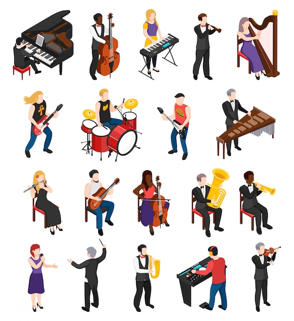 Free Vector conductor singer and musicians with stringed wind bowed and percussion instruments isometric people isolated