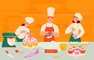 Free vector confectioner chef composition with team of cartoon style cook characters making cupcakes from flour and dough vector illustration