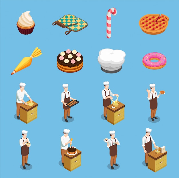 Confectionery Chef Isometric Icons Set