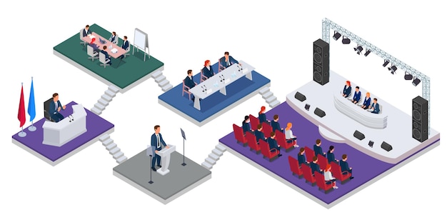 Free Vector conference hall concept with meeting room symbols isometric vector illustration