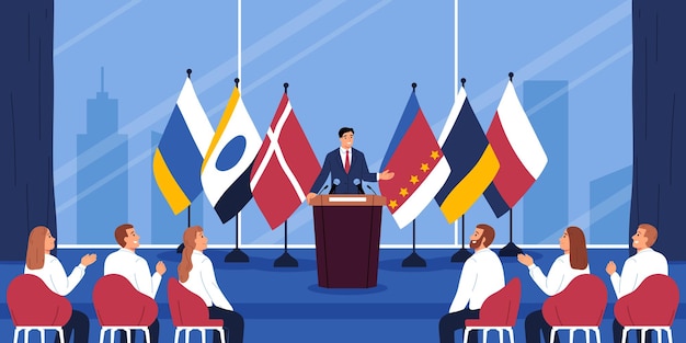 Free Vector conference stage flat concept with political leader speaking in front of audience vector illustration