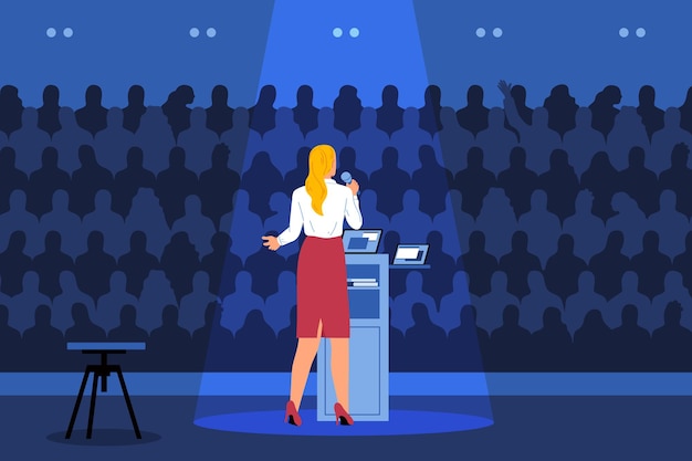 Free vector conference stage flat concept with woman speaking in front of audience vector illustration