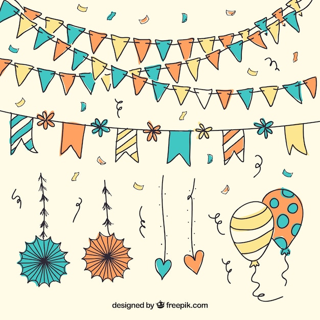 Free Vector confetti with garlands and balloons