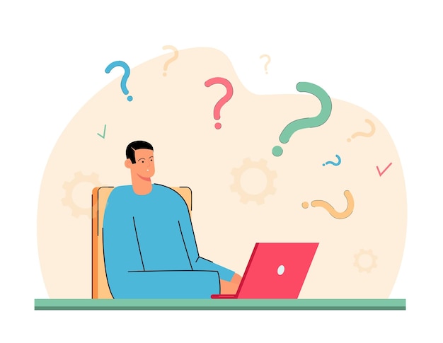 Free Vector confused person sitting with laptop and question marks. puzzled young man thinking about answer flat vector illustration. faq, research, stress concept for banner, website design or landing web page