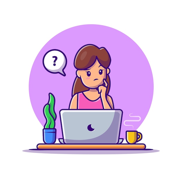 Confused Woman Working On Laptop Cartoon  Icon Illustration. People Technology Icon Concept 