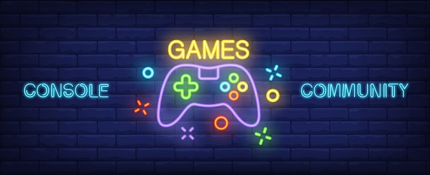 Free Vector console community neon style banner. gamepad on brick background.