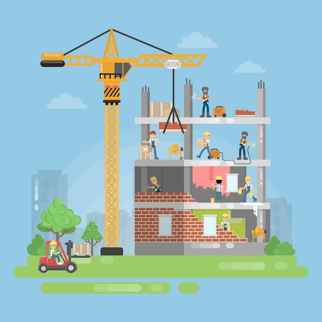 Free Vector constructing new building people work on housing development with crane