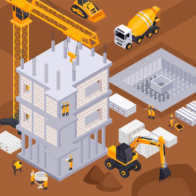 Free Vector construction background with construction machines and equipment symbols isometric illustration