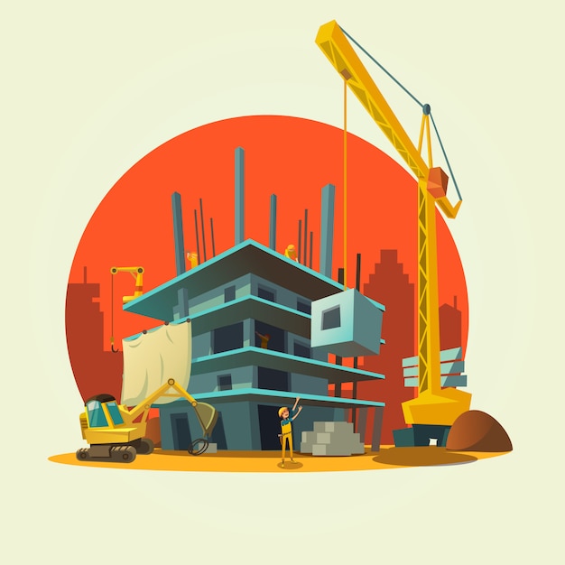 Construction concept with retro style concept workers and machines building house cartoon